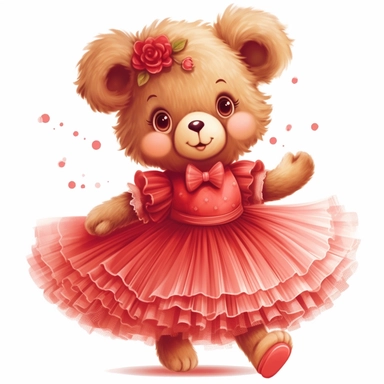 Adorable cute fantasy Teddy bear dressed like a Romantic ballerina, wearing red tutu, nursery art, clipart image, lineart image, white background , very detailed, 8k