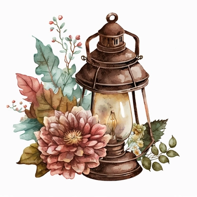 Vintage Cute Beautiful Old rusty kerosene lamp lantern and bouquet with a beautiful dahlia flower and leaves Watercolor Sublimation Clipart,Cartoon,hyper realistic, intricate detail, illustration style,high solution,on the white background