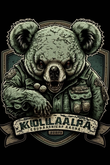 koala zombie logo design, badge military shoulder sleeve insignia, clip art, logo badge ripping the head off of a koala bear, super realistic, render by super computer