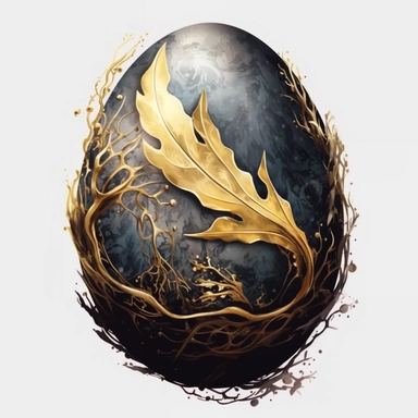 The illustration is ultra-realistic and hyper-detailed, with an extremely high 8k resolution and no edges cut out. On the illustration, there is a black and golden egg. the atmosphere is mysterious. It is drawn in a mesmerizing clear-lined watercolor illustration style using bold and saturated colors. It is a png clipart on a white background, it should be easy to cut out and remove the background from, so only use saturated colors around the edges of the clipart. The composition is central with