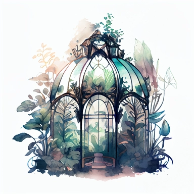 on a white background for a clipart realistic and detailed whimsical deep and bright color watercolor and black ink illustration in the 2d anime style. a glass greenhouse in art nouveau style. Add magic vegetation, magical details and mystical atmosphere. plants are everywhere