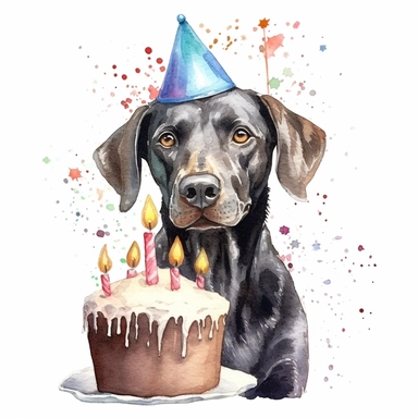 watercolor, clip art, a Sloughi wearing a party hat and eating cake, birthday, happy face, isolated on a white background