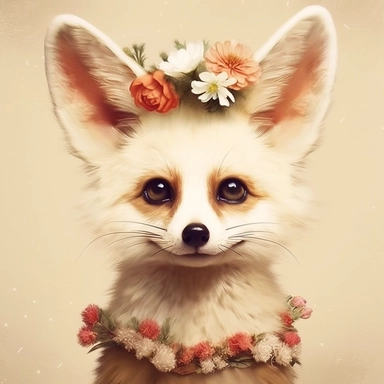lashes, super lovely, nursery, close-up of an fennec foc, flower. The red panda has fluffy fur with black markings, large ears, and bright eyes. It is standing on top of a white background. vintage clothing hyper realistic 8k clipart