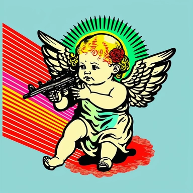 pop art baby sweat angel with machine gun K 112 drawing clipart animation realistic comic modern art