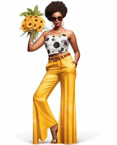 full body curvaceous beautiful black womanly clipart vector illustration but natural, cornrows updo intricately detailed, wearing thick lines checkered mustard yellow and black matching flowers blouse and matching wideleg pants richly detailed, white tank top matching shoes, round sunglasses photo taken with provia,8k 3d