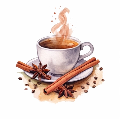 realistic high detailed watercolor steaming coffee cup with a cinnamon stick and star anise clipart, white background,