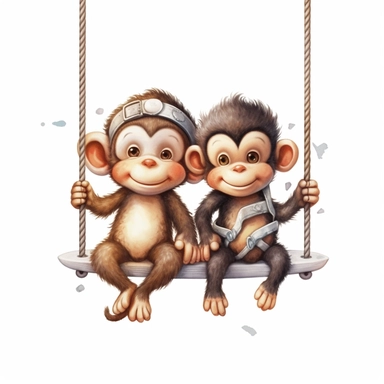 Cute Beautiful Happy Face Couple Baby Monkey sit on a swing Sublimation Clipart, Cartoon, hyper realistic, intricate detail, illustration style, high solution, on the white background