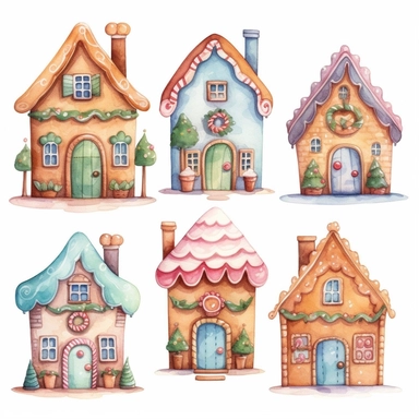 very simple watercolour childrens book style drawing of different cute gingerbread houses, pastel colours soft on white background for clipart, 8k