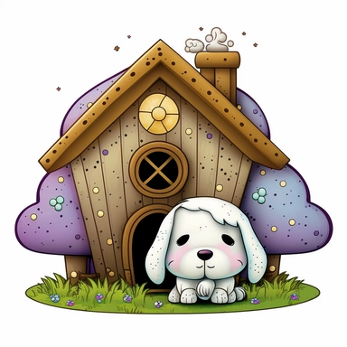 clipart with white background of a doghouse in the style of mystical fantasy, magical, kawaii style