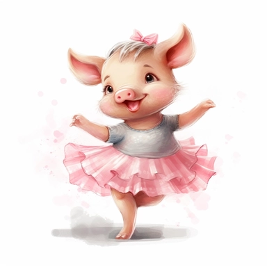 a cute ballerina pig dancing, full body, pencil and watercolor clipart style, cartoon style, super high quality, high resolution, pastel colors, isolated white background, 8k
