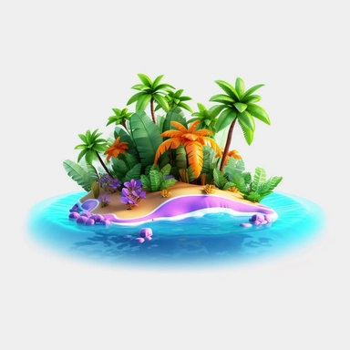 3d island paradise beach clipart in animation style, summer tropical theme, vacation, in solid white background, bright color, high resolution, 8K,