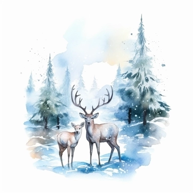 watercolor winter wonderland illustration clipart, with christmas trees and snow, a stag deer with a deer cub, on a white background
