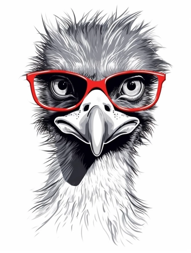 a portrait of a Emu wearing a white shirt and glasses, looking tired and done with life, vector illustration, clipart, outlines, portrait,