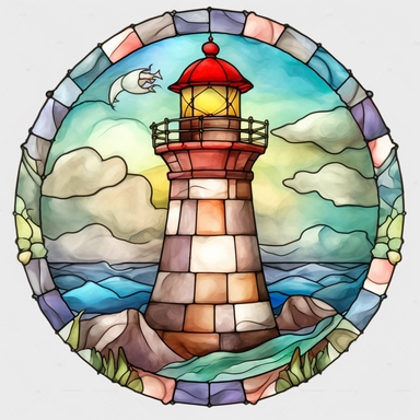 watercolor Stained Glass Lighthouse Square Coaster Coaster Designs vividly bold designs png Full body realistic cartoon in 32K UHD cute. 15 cm thick outline. There was no shadow on the ground. 8k with realistic watercolors. and detailed illustrations. PNG clipart, transparent white background