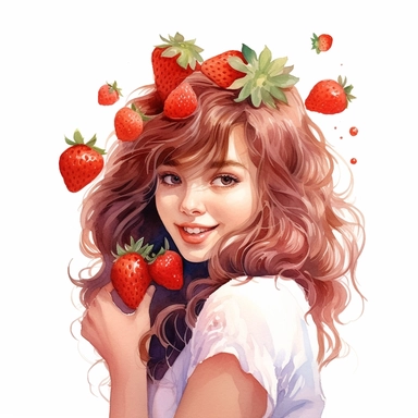 watercolor, hyper realistic, white background, white margins, 16k, ultra detailed clipart, cut out image, hand-drawn pretty female, a charming and playful appearance, perfectly complementing the strawberry theme. She has a youthful and innocent look with rosy cheeks and a bright smile. Her hair is styled in loose waves, falling just below her shoulders, and has highlights of a warm strawberry blonde color. Her dress is a sweet shade of pink. The dress has a whimsical design It has a flared skirt
