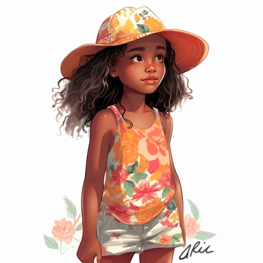 a drawing of a young little black girl wearing a baseball cap and tshirt, pretty summer sundress, black girl fantasy, cartoon illustrations, vector clipart, in the style of 32k uhd, lilia alvarado, walt disney, depictions of aristocracy, childlike, photorealistic details, white background