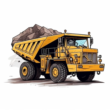 yellow mining dump truck as a simple cartoon style hauling rocks, clipart, white background