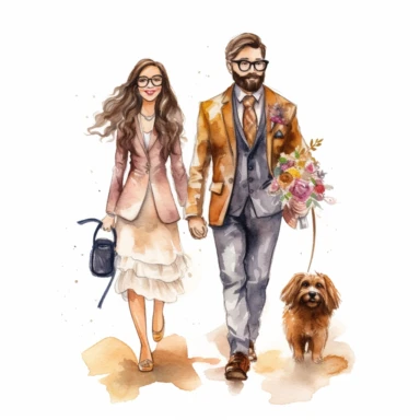 Watercolor clipart cute tall slim kawaii elegant groom wearing glasses with a beard walking hand in hand with a bride with long straight hair wearing glasses smiling , with a small shaggy dog on a leash
