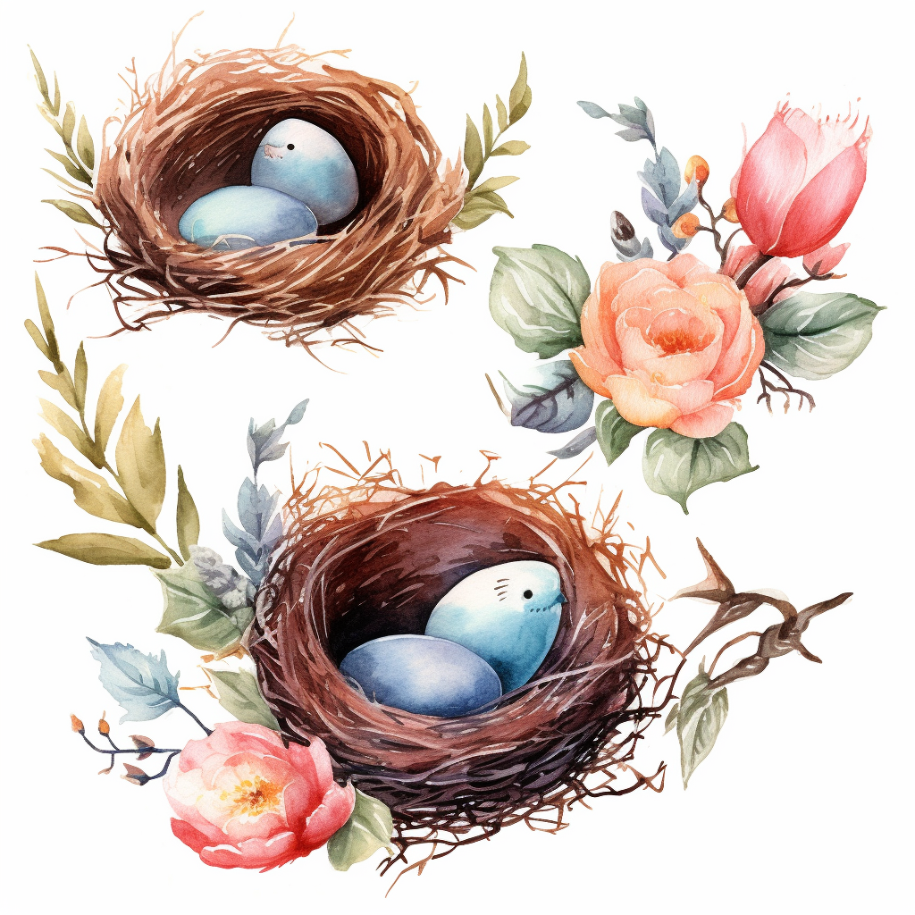 handprinted Watercolor Bird Nests Clipart, flowers, and leaves, 3 eggs ...