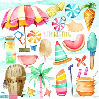 Please create a series of watercolor clipart illustrations featuring different items related to summer. Each illustration should be drawn in a charming and playful style that captures the beauty and vibrancy of the season. Items to include can be beach umbrellas, flip flops, sunglasses, ice cream cones, sandcastles, and seashells. Please use a coherent color palette that is bright, cheerful, and evokes the feeling of warmth and sunshine. Colors that are associated with summer, such as yellows, o