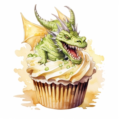 delicious halloween cupcake with dragon , watercolour illustration clipart, extremely detailed, 4k, high quality, colour scheme gold, silver and cream and lime green , , isolated on white background