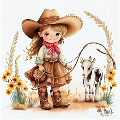 cute little girl Cowgirlholding a lasso Clipart, happy and smiling, Wild West Clipart, Watercolor Western Clipart, grass, flowers