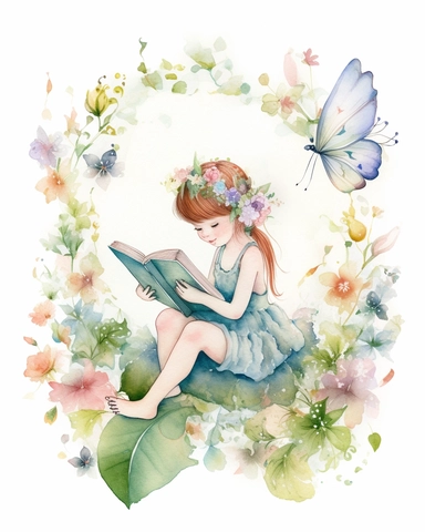 very simple watercolour childrens book style drawing of a cute fairy reading a book surrounded by flowers, pastel colours soft on white background for clipart, 8k