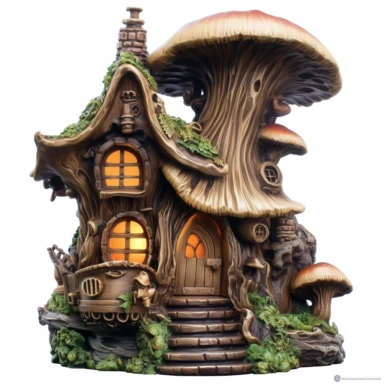 the most beautiful fairy house carved in an ebony wood trunk, clipart, white background, sharp image, ultradetails