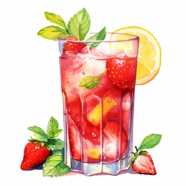watercolor summer strawberry lemonade, in the style of Cecily Mary baker, white background, clipart