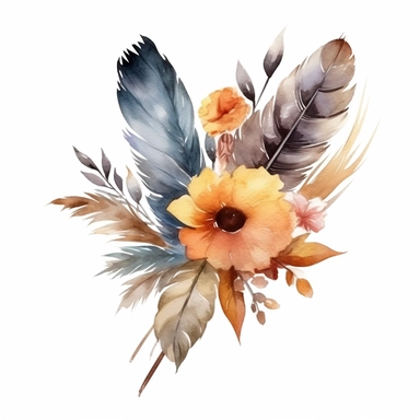 watercolor, single bunch of rustic flowers with feathers, bottom left-hand corner scroll ideal for wedding stationery, clipart