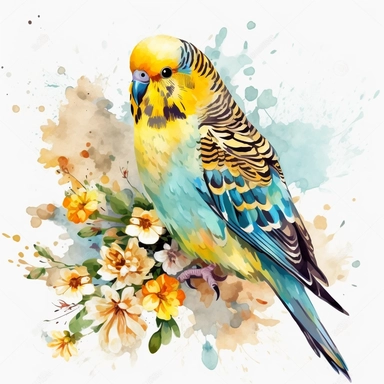 budgie bird, colourful, yellow, watercolour, isolated solid background, pretty, floral, clipart, include branch and flowers--no watermark, text, words, paintbrush, typography