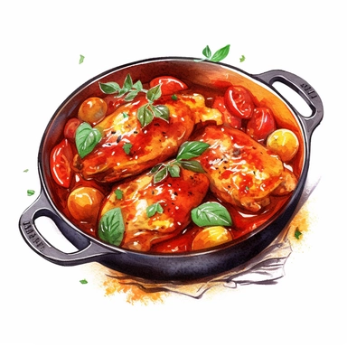 Pollo alla Cacciatora: Chicken braised in a tomato and vegetable sauce, watercolor clipart illustration, flat blank transparent background, food photography, soft cinematic lights, juicy, bright, high quality, ultra detailed, 32k