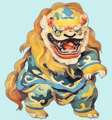 a lion dressed in oriental and holding a lion head png clipart, in the style of light yellow and light azure, chaïm soutine, colorful animation stills, chinese painting, animated gifs, polychrome terracotta, tapestry-like