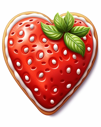 a heart shaped cookie decorated to look like a strawberry, clipart illustration, crisp clear colors, photorealistic, happy, beautiful, cute, ultra detailed, on white background--no cut off