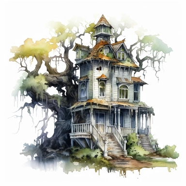 haunted house watercolor clipart high detail old tree