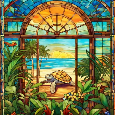 Rectangular stained glass window design, 90 degree square corners, no background, view from solarium in atrium, turtle among palm trees beach sea, very detailed, clipart, clear crisp colors, photorealistic, oil paint, happy, beautiful, bright colors, cute, ultra-detailed , on a white background - - without cropping
