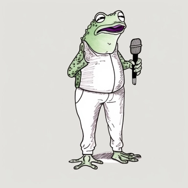 a frog standing in front of a microphone ready to sing in an old 80's style handraw clipart style easy draw simplist black and white vector simple doodle very with thick lines