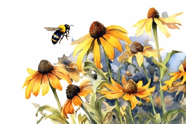 Watercolor, Create an image featuring a bee visiting a patch of black-eyed Susan flowers, contributing to the pollination of these cheerful blooms, clipart, hd, on a white background, spaced out
