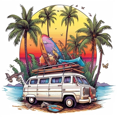 Imagine a stunning image of a van conquering a massive wave, surfboards on its roof, framed by towering palm trees and a picturesque tropical sunset, set against a clean white backdrop, mystical, illustration style, white background, clipart, PNG pure white background, high resolution, hyper detailed, best quality, high detailed illustration