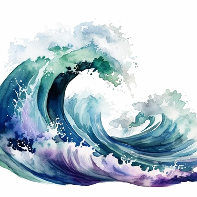 watercolor detailed dramatic cresting ocean waves with choppy water, indigo blue, turquoise blue, green and purple waves, clipart on white background s 900