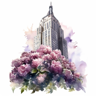 Empire State building clipart, watercolor style, surrounded by flowers, white background
