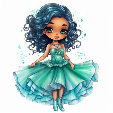 A cute detailed black girl in chibi style, Jasmine Becket - Griffith style, watercolour illustration clipart with real glitter detail, wearing a beautiful blue full length ballgown style dress, the girl has long black hair, the girl has green eyes, full body image, with feet isolated on a white background