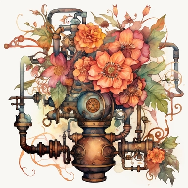 Transport your audience to a mesmerizing realm where steampunk aesthetics meet the fluid beauty of watercolor with this captivating collection of floral arrangements clipart. Harness the expressive power of watercolor as the artistic medium, allowing its translucent layers and delicate brushstrokes to bring life to the steampunk-inspired compositions. Infuse the artwork with the distinctive elements of steampunk culture, referencing the works of authors like H.G. Wells and incorporating imagery 