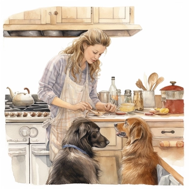 watercolor, hyper realistic, white background, white margins, 16k, ultra detailed clipart, cut out image, hand-drawn a woman cooking with her dogs, in the style of emotional watercolors, angela barrett, steve hanks, e. h. shepard, fujifilm eterna 400t type 8673, contest winner, lively interiors