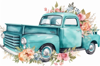Vintage Flower Truck Clipart, Teal Ford Chevy Truck, Watercolor Truck painting