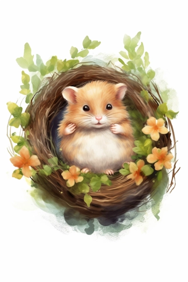 Create a watercolor clipart picture of a baby hamster sleeping cozily in its tiny nest, white background. The hamster should have a cute expression, with its fur depicted in soft watercolor textures. Surround the crib with small flowers and greenery, adding a whimsical touch to the scene.