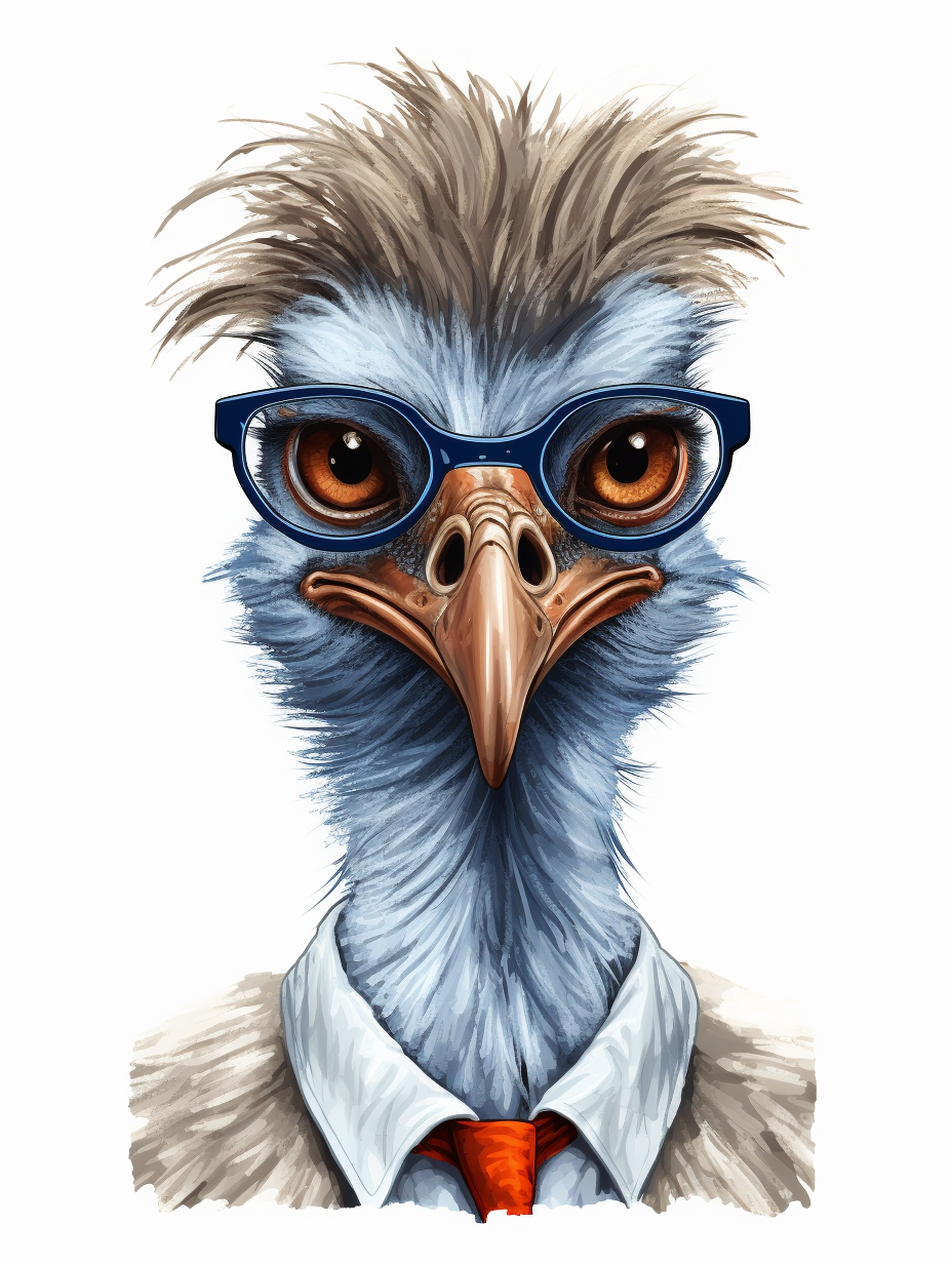 a portrait of a Emu wearing a white shirt and glasses, looking tired ...