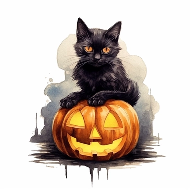 Black cat sitting in Jack - o' - lantern, halloween, isolated on white background watercolor, high detail, unique, intricate detail, hand Sublimation Clipart, Cartoon, hyper realistic, intricate detail, illustration style, high solution, on the white background