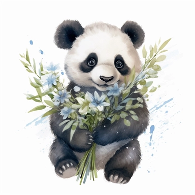 watercolor clipart image of a happy looking baby panda with minimalist flowers and bamboo, disney style, white background, no shading, clear outlines