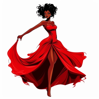 A very attractive black beauty witch in a red dress emphasizing her beautiful figure as a clipart on a white background
